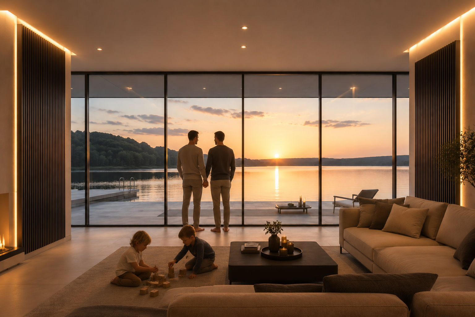 Modernes Wohnzimmer mit Seeblick